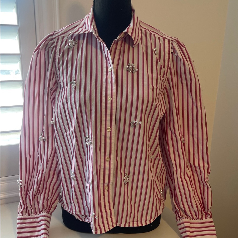 Striped Red, Pink, and White Women’s Embellished Button Down